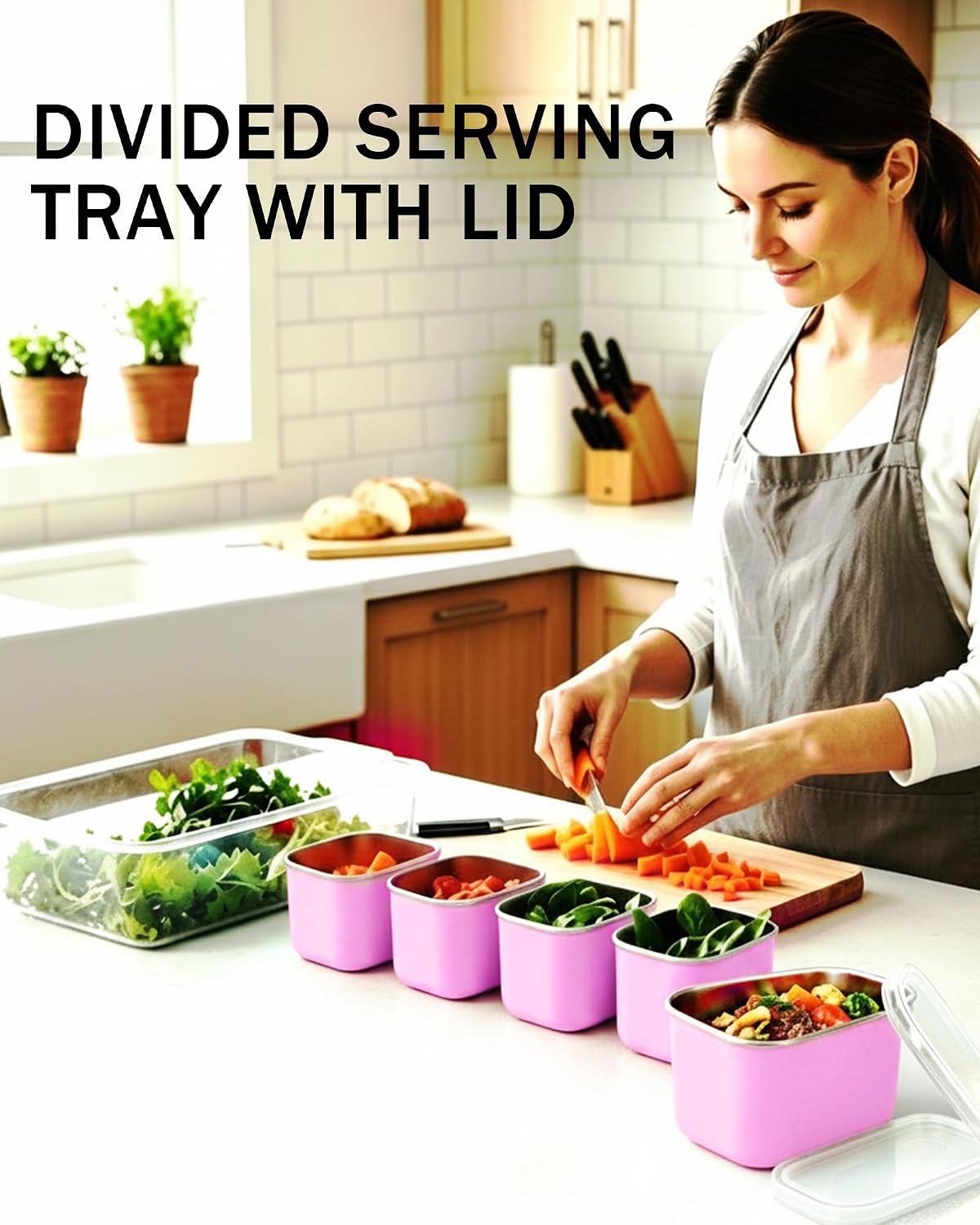 Snackle Box Container, Stainless Steel Divided Serving Tray with Lid and Handle, Large Snack Tray for Fruit Veggie Candy, 8-Compartment Snack Platter for Travel Party Beach Picnic