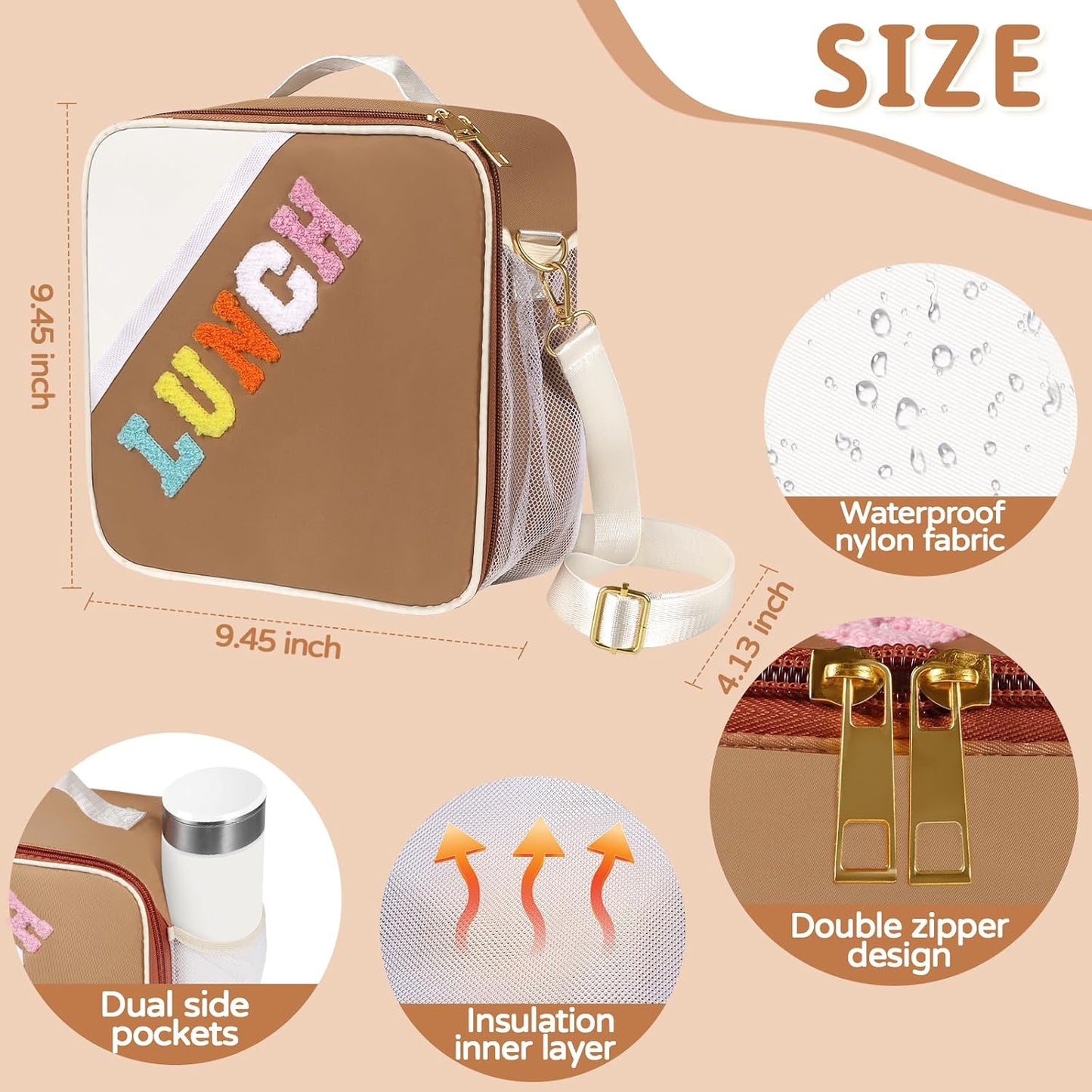Nsrzua Lunch Bag Kids-Kids Insulated Lunch Bag with Adjustable Strap - Reusable Leakproof Lunch Box for Girls, Preppy School Lunch Tote for Travel, Picnic,School & Winter Camp