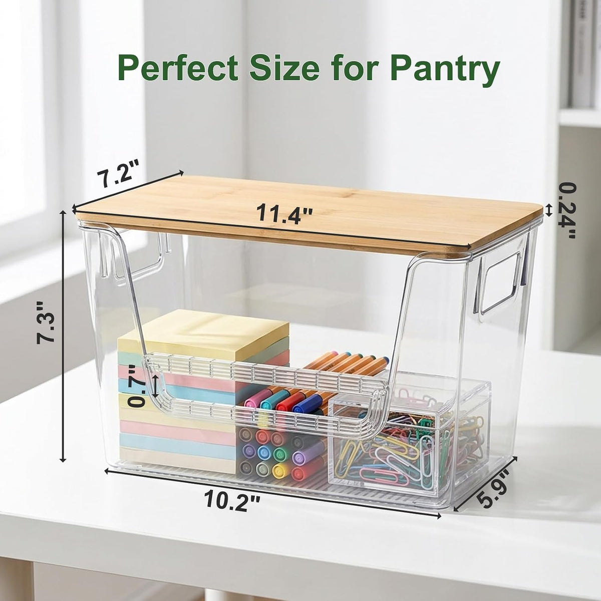FUSHITON 2 Set Pantry Organizers with Bamboo Lids, Clear Storage Bins with Handles, U-Shaped Front Opening with Removable Stopper for Trash Bag Dispenser, Potato Onion Garlic Storage