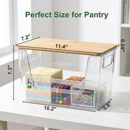 FUSHITON 2 Set Pantry Organizers with Bamboo Lids, Clear Storage Bins with Handles, U-Shaped Front Opening with Removable Stopper for Trash Bag Dispenser, Potato Onion Garlic Storage