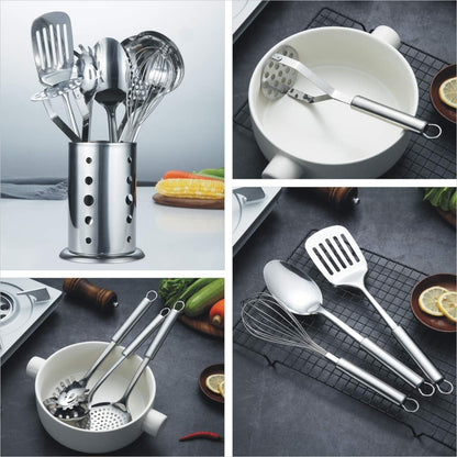 Berglander Cooking Utensil Set 13 Piece Stainless Steel Kitchen Tool Set with Holder, Include Cooking Spoon, Spatula, Whisk, Cooking Tong and etc. (13 Pieces)