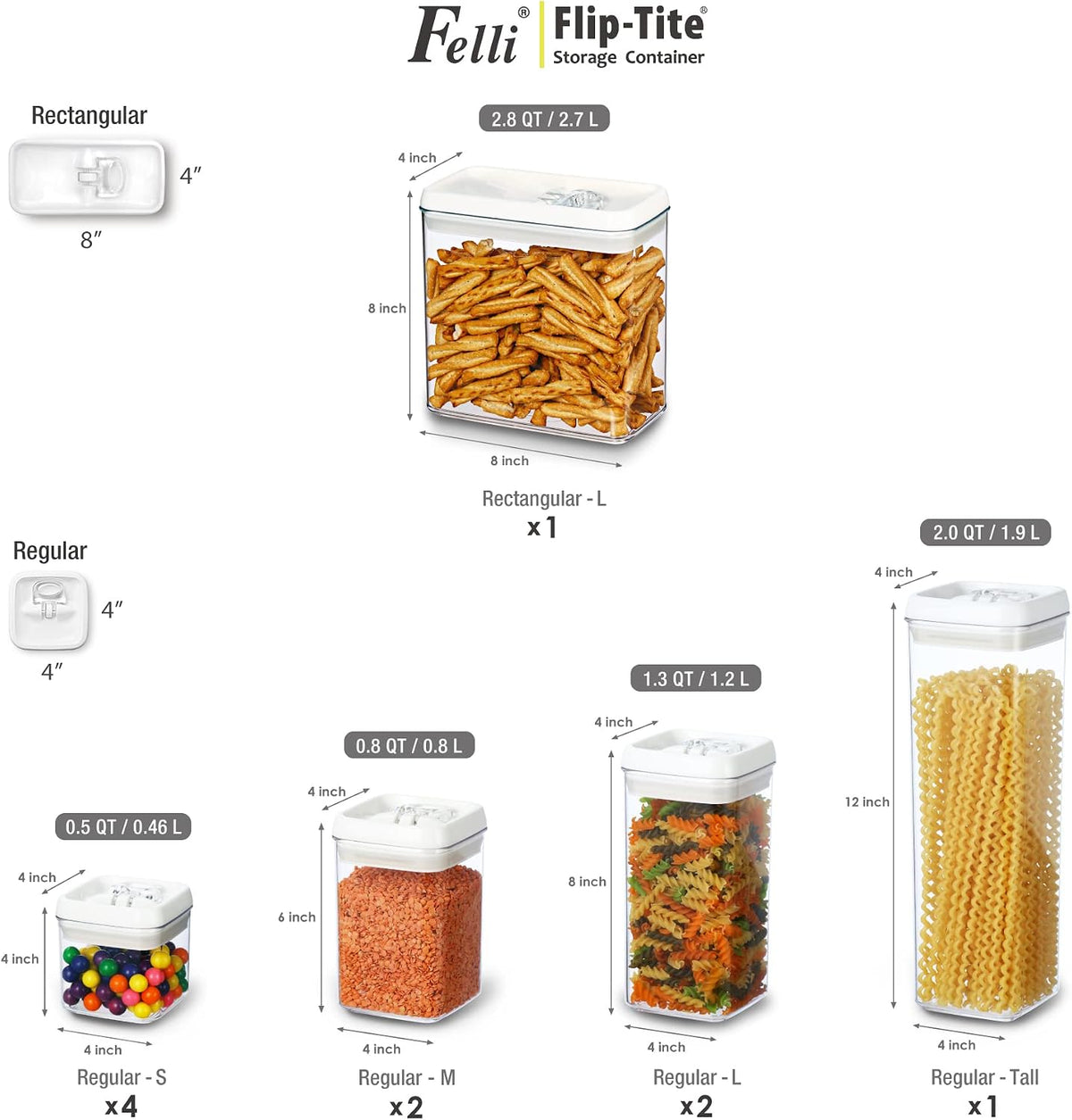 Felli Flip Tite Acrylic Food Storage Container with Lid 6” XL Air Tight Ring Seal Flip Top, Plastic Kitchen Baking Canister for 5 lb Flour Sugar Rice Protein Powder Pantry Organizer (Nest-M, White)