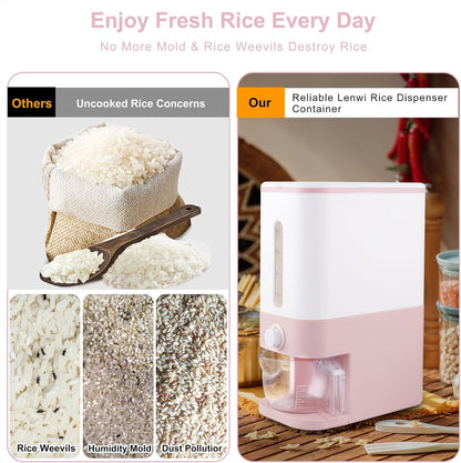 Rubtlamp 22.5-25 Lbs Pink Rice Dispenser, Rice Storage Container, Pink Rice Storage Container with Measuring Cup, Rice Holder Bucket for Household Kitchen Rice Soybean Corn