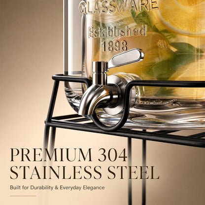 2 Pack1 Gallon Glass Drink Dispensers For Parties,Beverage Dispenser with Stand,304 Stainless Steel Spigot Leakproof,Lemonade Dispenser for Sun Tea, Homemade Juice