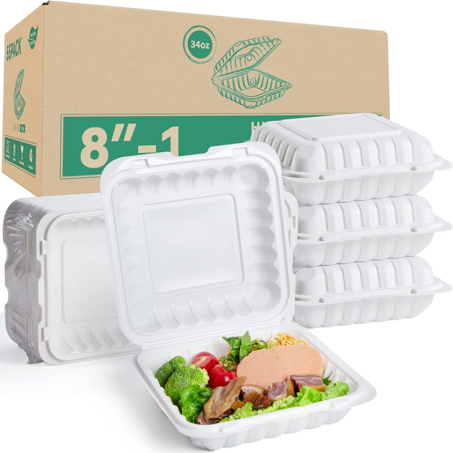 Takeout Container Mineral Filled PP Plastic - 7.8 Inch 30oz 65 Pack BPA Free 3 Compartments Shrink Wrap Bento Box | Freezer & Microwave Safe for Picnic | Black Reusable & Disposable Containers