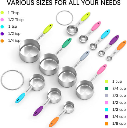 TILUCK Nesting Measuring Cups and Spoons Set, Stainless Steel with Soft Silicone Handle – Heavy Duty & Dishwasher Safe for Measuring Dry/Liquid Ingredients, Ideal for Cooking & Baking (10)
