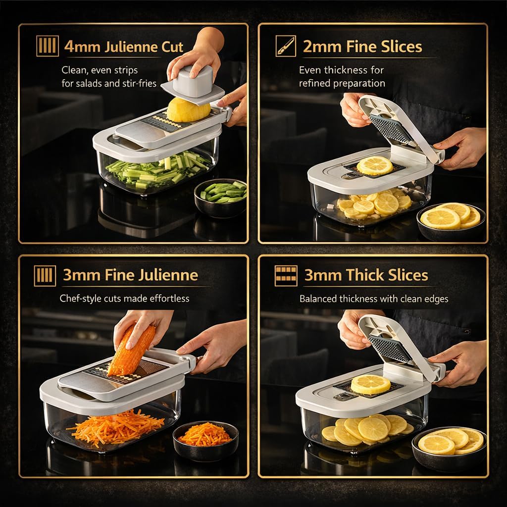 Vegetable Chopper, Stainless Steel Food Dicer and Mandoline Slicer with Drain Holes and Storage Container, Dishwasher Safe Food Chopper for Onion, Potato, Cucumber, Carrot and More