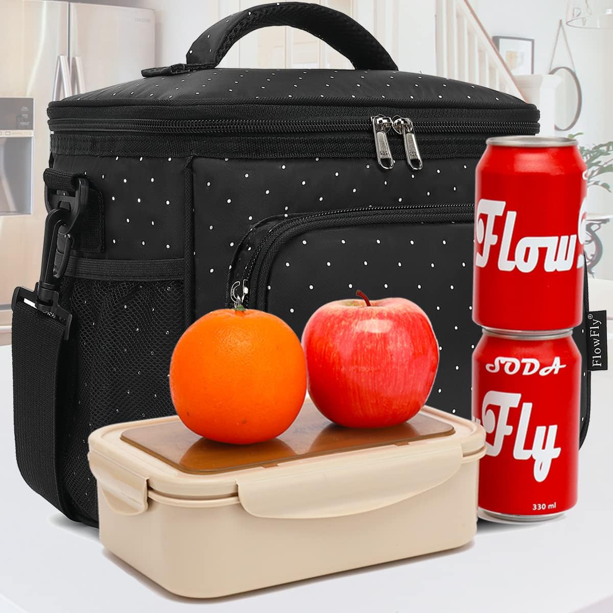 FlowFly Insulated Reusable Lunch Bag Adult Large Lunch Box for Women and Men with Adjustable Shoulder Strap,Front Zipper Pocket and Dual Large Mesh Side Pockets,Cherry - Colors B