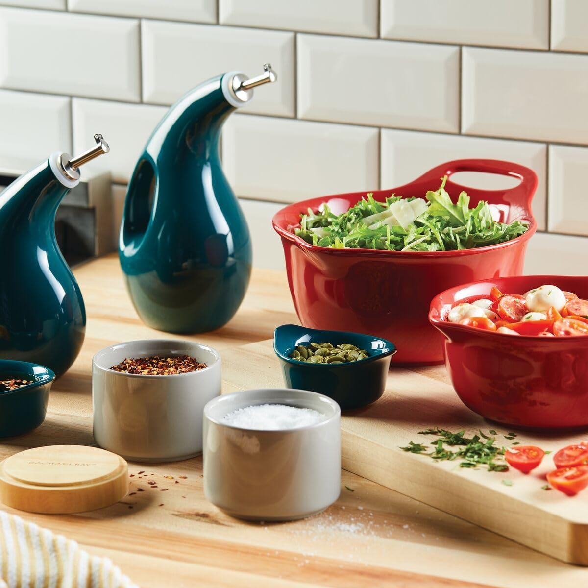Rachael Ray Ceramics Nesting Mixing Bowl Set with Pour Spout, 1 Quart and 2 Quart, Teal