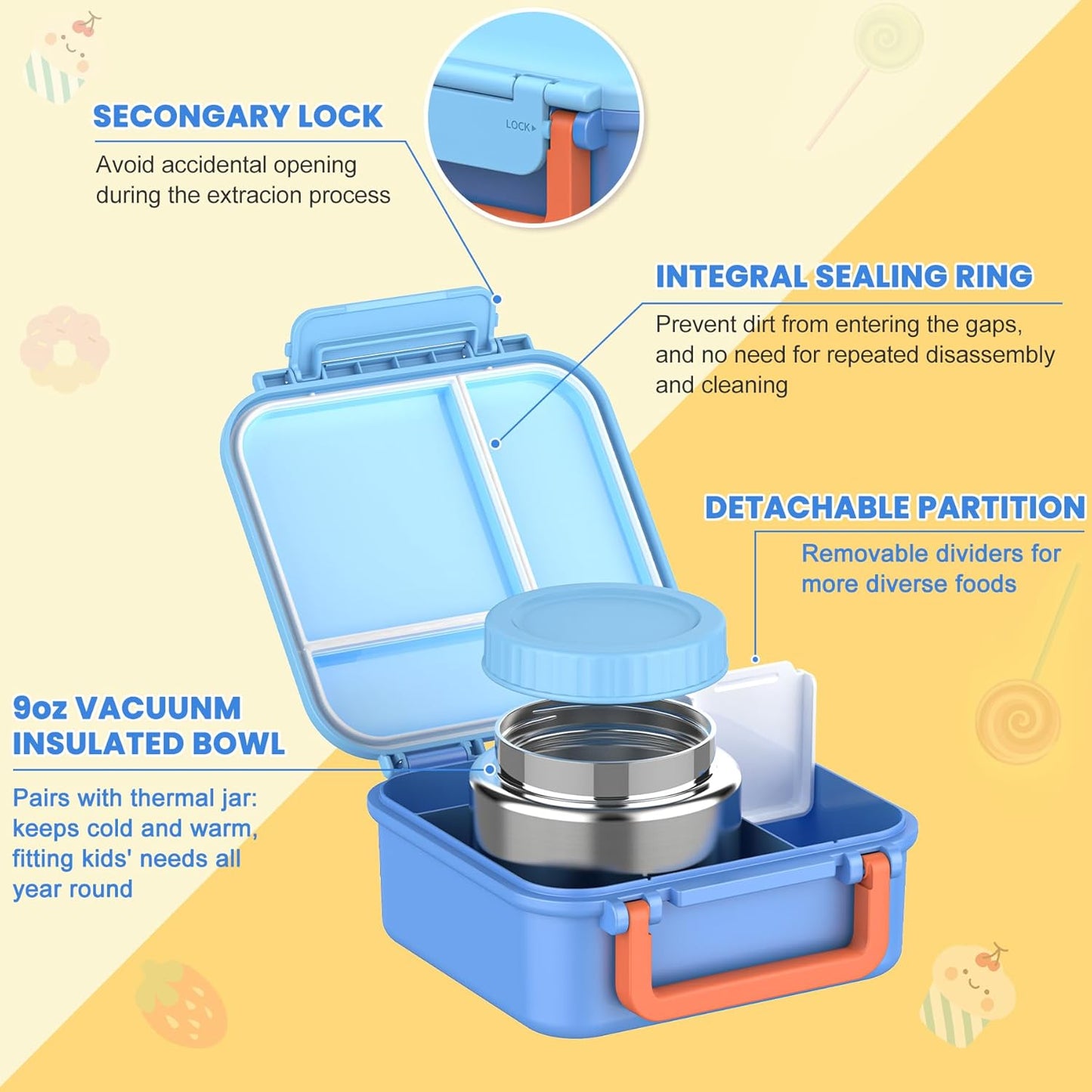 JOOPETALK Bento Lunch Box Set for Kids with 9oz Soup Thermo, Insulated Lunch Bag,Leak-proof BPA-free Lunch Food Container with 3-4 Conpartments for School Travel-Blue