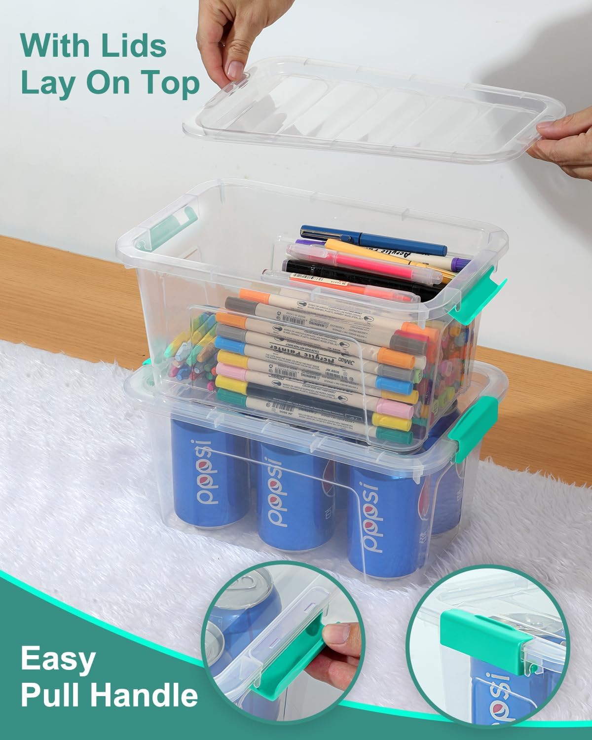 EOENVIVS Plastic Storage Bins with Lids 6 Pack, 7 Quart Storage Containers With Black Buckle Latch, Stackable Storage Organizers for Home Pantry Office Classroom Organization, Clear
