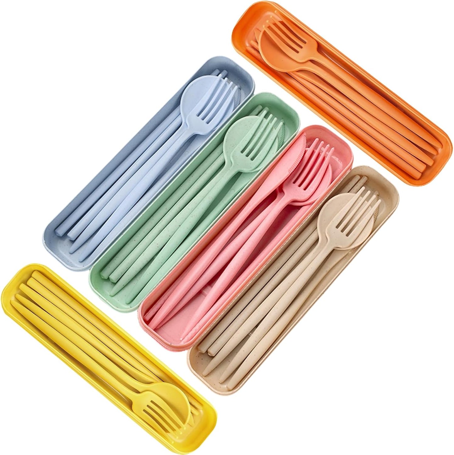 6 Sets Travel Utensils Set, Wheat Straw Reusable Cutlery with Case, Portable Camping Cutlery Set Spoon Fork Knife, On-the-Go Flatware for Lunch Picnic Office