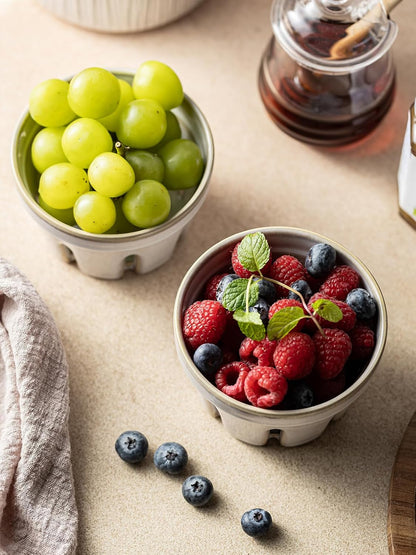 Gomakren Berry Bowls with Holes Ceramic, Berry Washing Bowl Basket Set of 2, 5.8 Inch Round Fruit Bowl Storage Containers, Strawberry Baskets, Farmhouse Kitchen Decor, Yellow + Brown