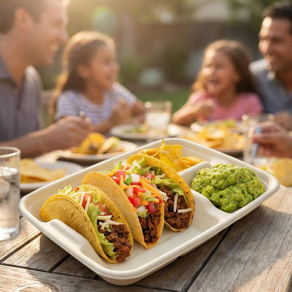 3-Taco & 2-Sides Taco Plates, Disposable Paper Plates with Dividers – 25 PACK | Taco Tray for Party, Fiesta Taco Holder, Taco Stand for Taco Tuesday & Taco Bar, Microwave-Safe Taco Plates (25 Plates)