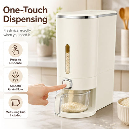ROOM127 Slim Rice Dispenser 11 Lbs, Airtight Rice Storage Container with Measuring Cup, One-Touch Dry Food & Cereal Dispenser with Clear Window for Kitchen Countertop, Milk Tea Brown