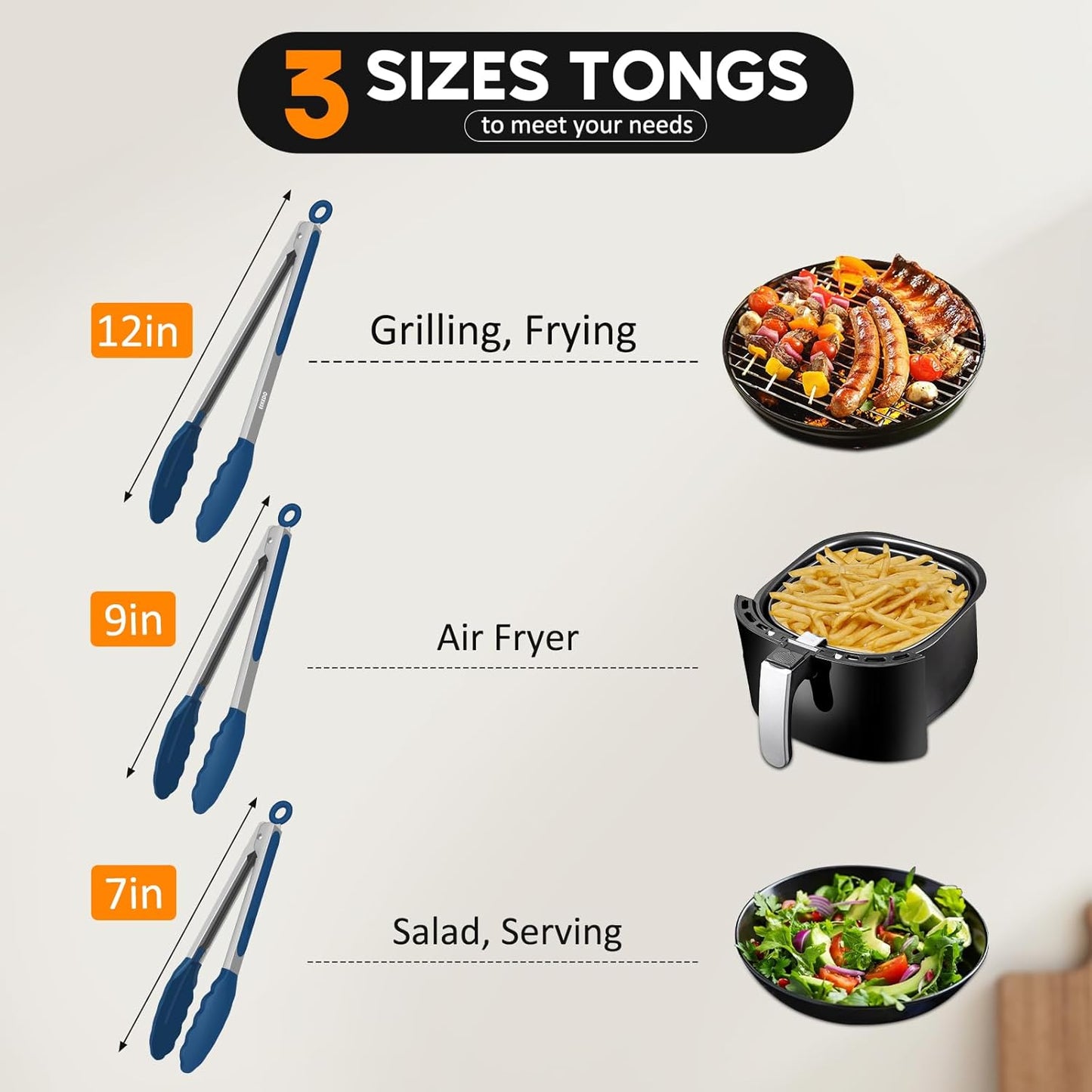 Kitchen Tongs, Stainless Steel Cooking Tongs with Silicone Tips, 600ºF High Heat-Resistant Non Scratch Locking Tongs for Cooking BBQ Grilling Air Fryer Pans, Set of 3 (7" 9" and 12") Black