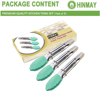 HINMAY Mini Stainless Steel Food Tongs with Silding Rings 7-Inch, Set of 6 | Small Clam Shell Service Tongs for Serving Appetizers, Desserts, Salads, Barbecue and Cooking (Silver)