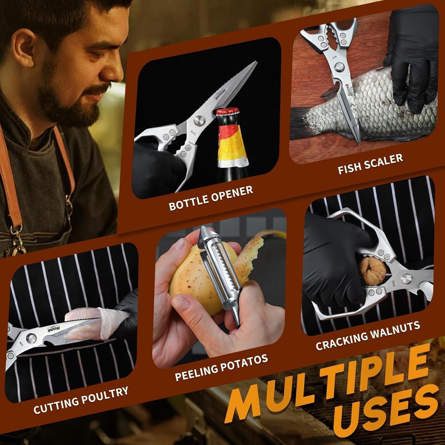 HUUSK Kitchen Scissors All Purpose - Stainless Steel Kitchen Shear, Sharp Silver Meat Scissors Dishwasher Safe, Heavy Duty Poultry Shears, Japanese Cooking Scissor for Food, Christmas Gifts for Women