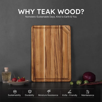 3 Pack Teak Wood Cutting Board Set for Kitchen Charcuterie Board Serving Heavy Duty Non Toxic Slip Hardwood Over Sink Solid Thick Haus Wooden Chopping Board Large Big Small Meat Best Essential Gift