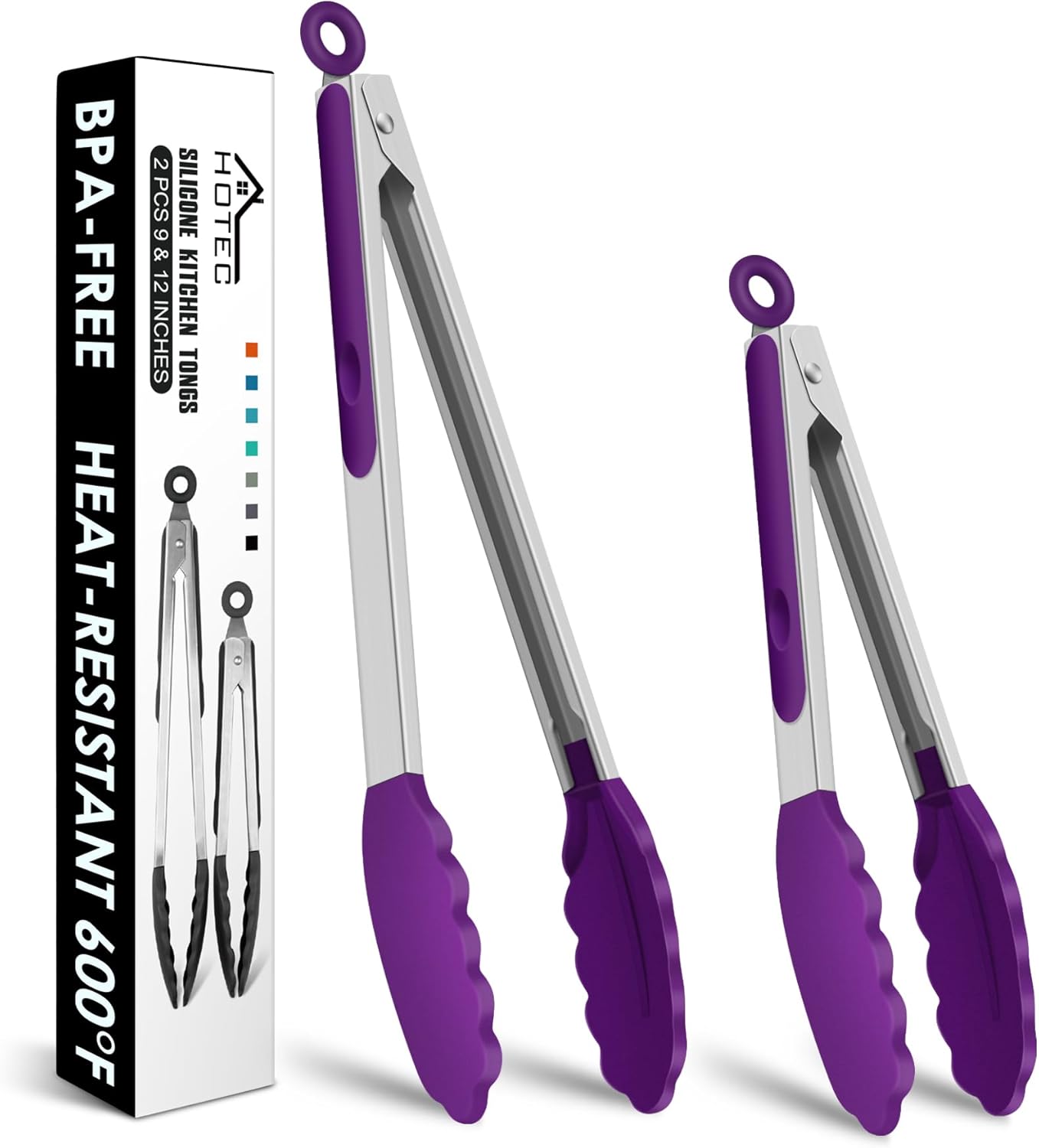 HOTEC Premium Stainless Steel Locking Kitchen Tongs with Silicon Tips, Set of 2-9" and 12"