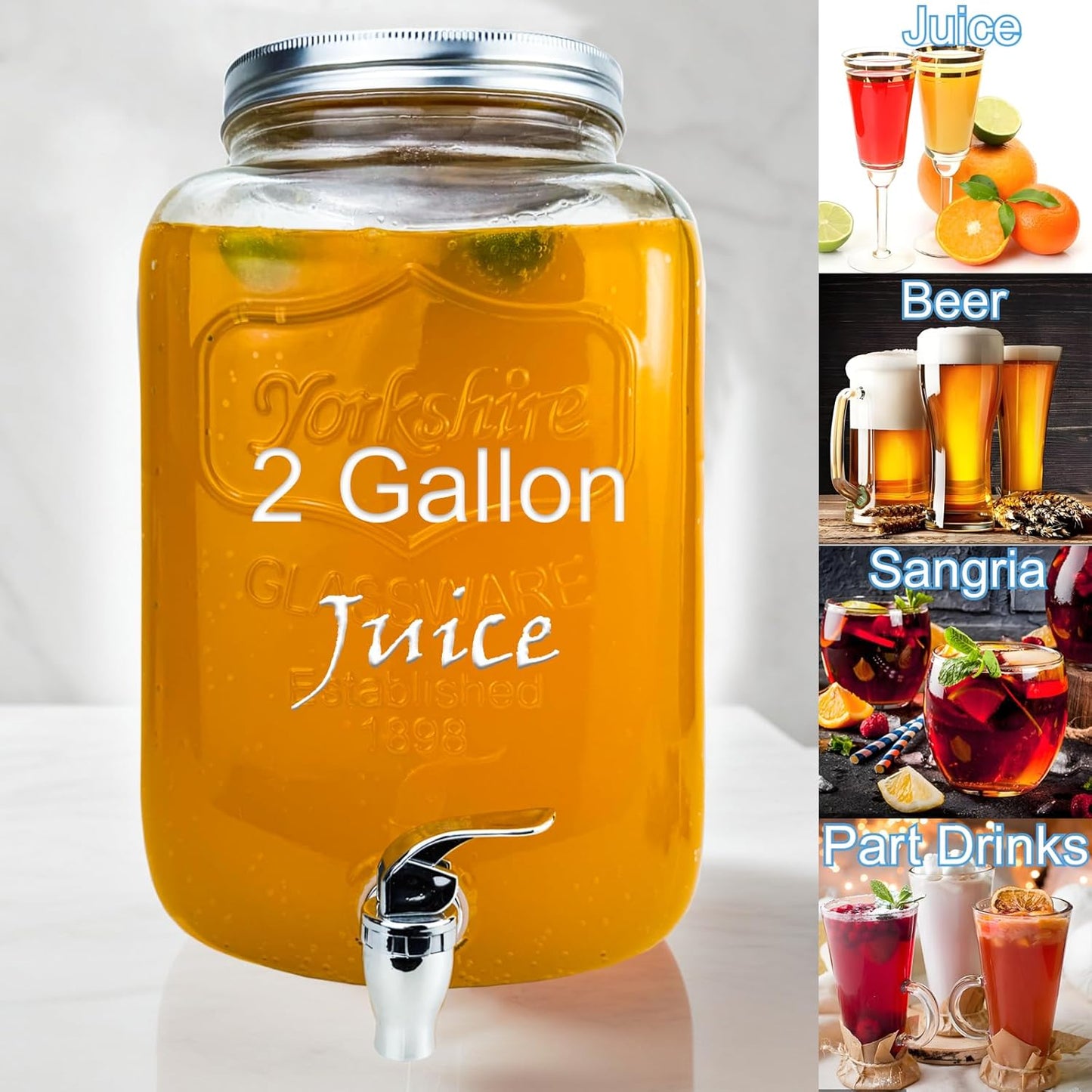 1 Gallon Glass Drink Dispenser for Parties, 2 Packs Juice Lemonade Ice Tea Water Dispenser with Stand, HENABLE Beverage Dispensers with Spigot for BBQ, Picnic, Party