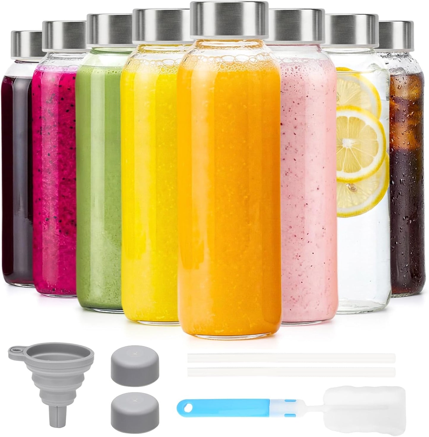 Glass Juice Bottles with Lids 10 oz, 6 Pack Reusable Small Glass Bottles with Stainless Steel Caps & Straws, BPA-Free Leak proof Juice Bottle Containers for Juicing, Milk, Smoothies & Fridge