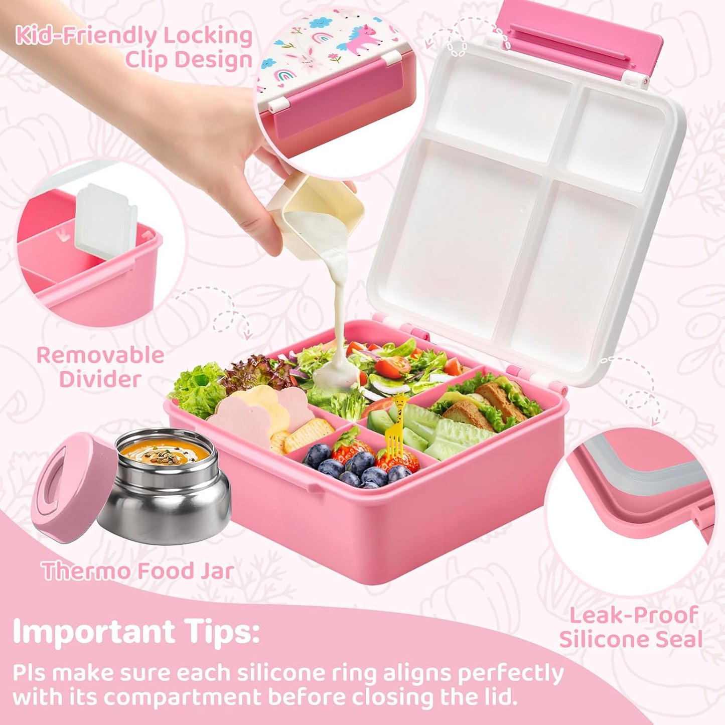 JSLOVE Bento Lunch Box with Leak Proof Thermos Food Jar for Kids, Food Lunch Containers for Boys with 4 Compartments, BPA-Free with Utensils, Food Picks, Sauce Jar & Silicone Lunch Box Dividers
