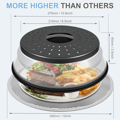 LekDrok 10 Inch Microwave Food Cover & Collapsible Silicone Mat - Splatter Guard, Plate Holder & Kitchen Colander for Meal Prep, Charcoal