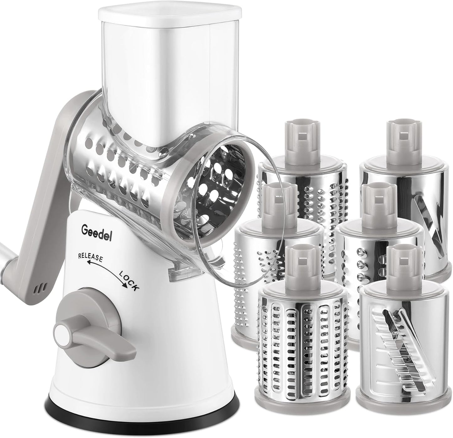 Geedel Rotary Cheese Grater, Kitchen Mandoline Vegetable Slicer with 3 Interchangeable Blades, Easy to Clean Rotary Grater Slicer for Cheese, Vegetables, Nuts