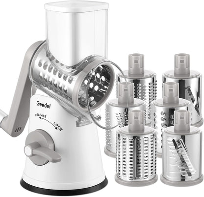 Geedel Rotary Cheese Grater, Kitchen Mandoline Vegetable Slicer with 3 Interchangeable Blades, Easy to Clean Rotary Grater Slicer for Cheese, Vegetables, Nuts
