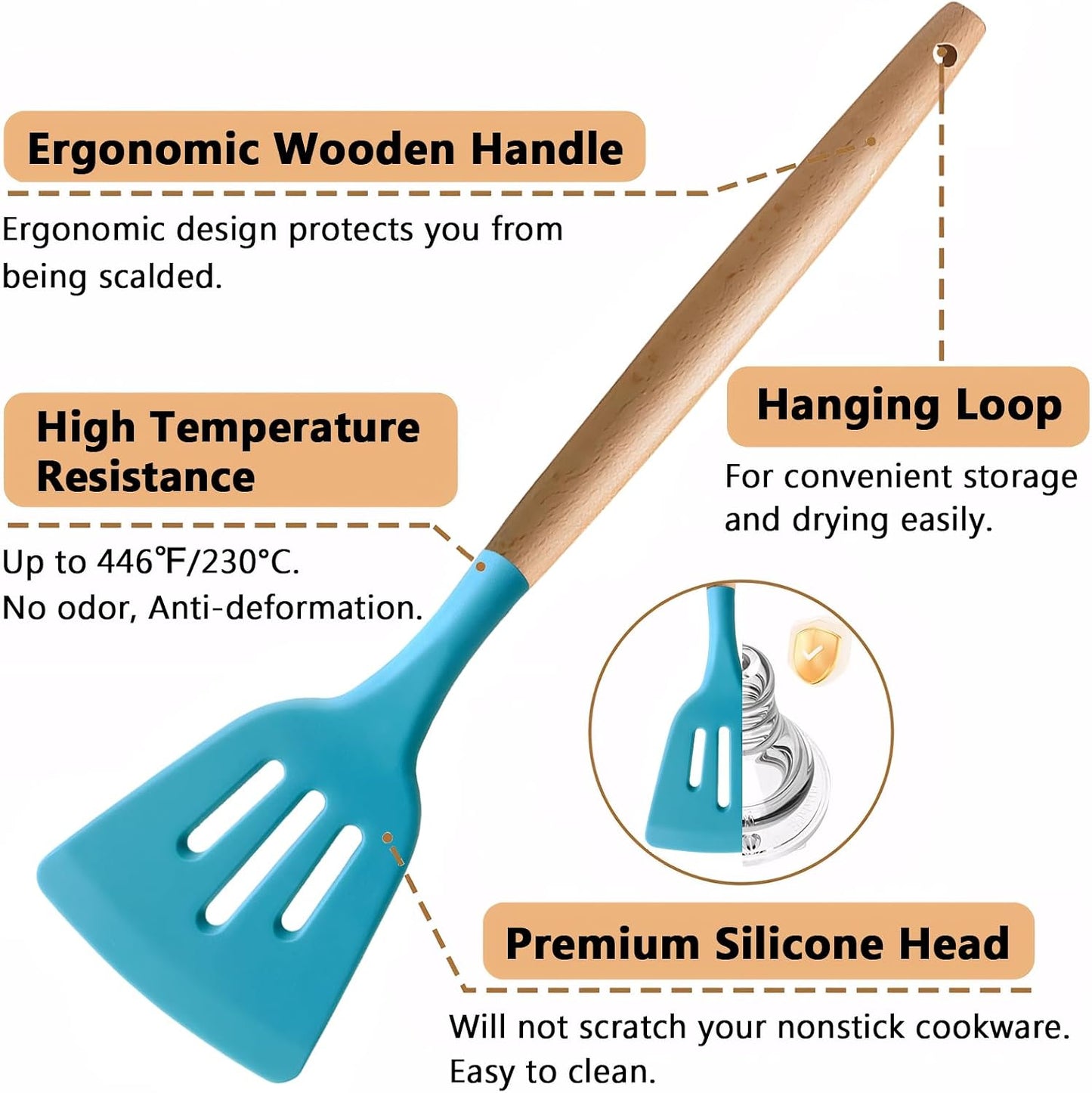 Kitchen Cooking Utensils Set, 6Pcs Silicone Kitchen Utensils Set Spatula Spoon Soup Ladle Turner, Heat Resistant Wooden Handle Silicone Cooking Gadgets for Nonstick Cookware & Baking BPA FREE