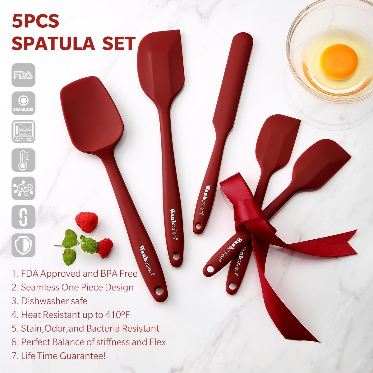 Wanbasion 5 Piece Premium Silicone Spatula Set Heat Resistant, Colorful Rubber Baking Spatula Set, Kitchen Spatula Set Dishwasher Safe for Nonstick Cookware Cooking Mixing Light Green