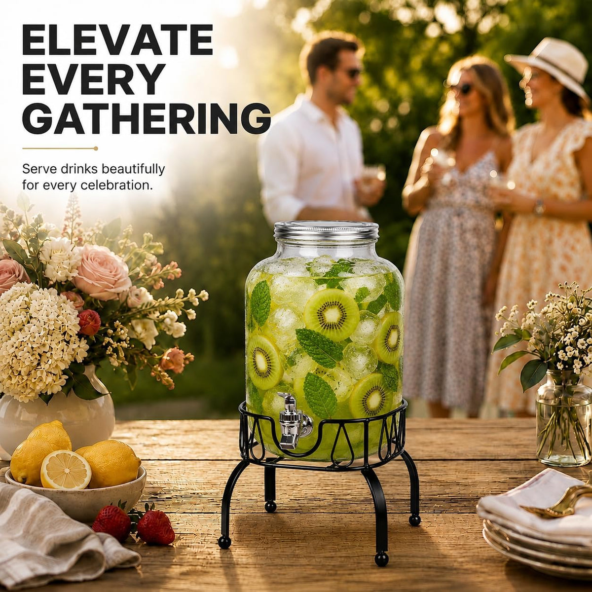 Estilo Gallon Drink Dispenser with Stand - Glass Beverage Dispenser with Stand for Weddings - Sun Tea Jar with Spigot 1 Gallon - Countertop Glass Water Dispenser for Lemonade and Parties