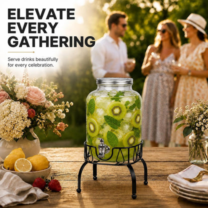 Estilo Gallon Drink Dispenser with Stand - Glass Beverage Dispenser with Stand for Weddings - Sun Tea Jar with Spigot 1 Gallon - Countertop Glass Water Dispenser for Lemonade and Parties