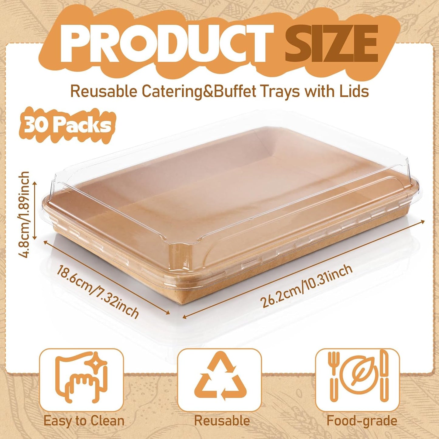 30 Pack Catering Trays with Clear Lids 10.3" x 7.3" Serving Trays Kraft Paper Charcuterie Boxes Party Platters Take Out Food Containers for Snacks Fruit Cookies Dessert Sandwiches