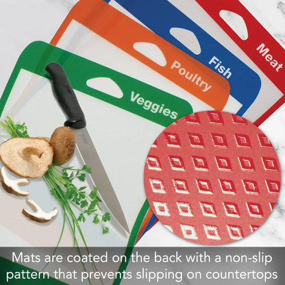 Cut N' Funnel Multi-Color Flexible Plastic Cutting Board Mats 4 Pack Made in the USA Colored Coded, BPA Free, 16” x 12”