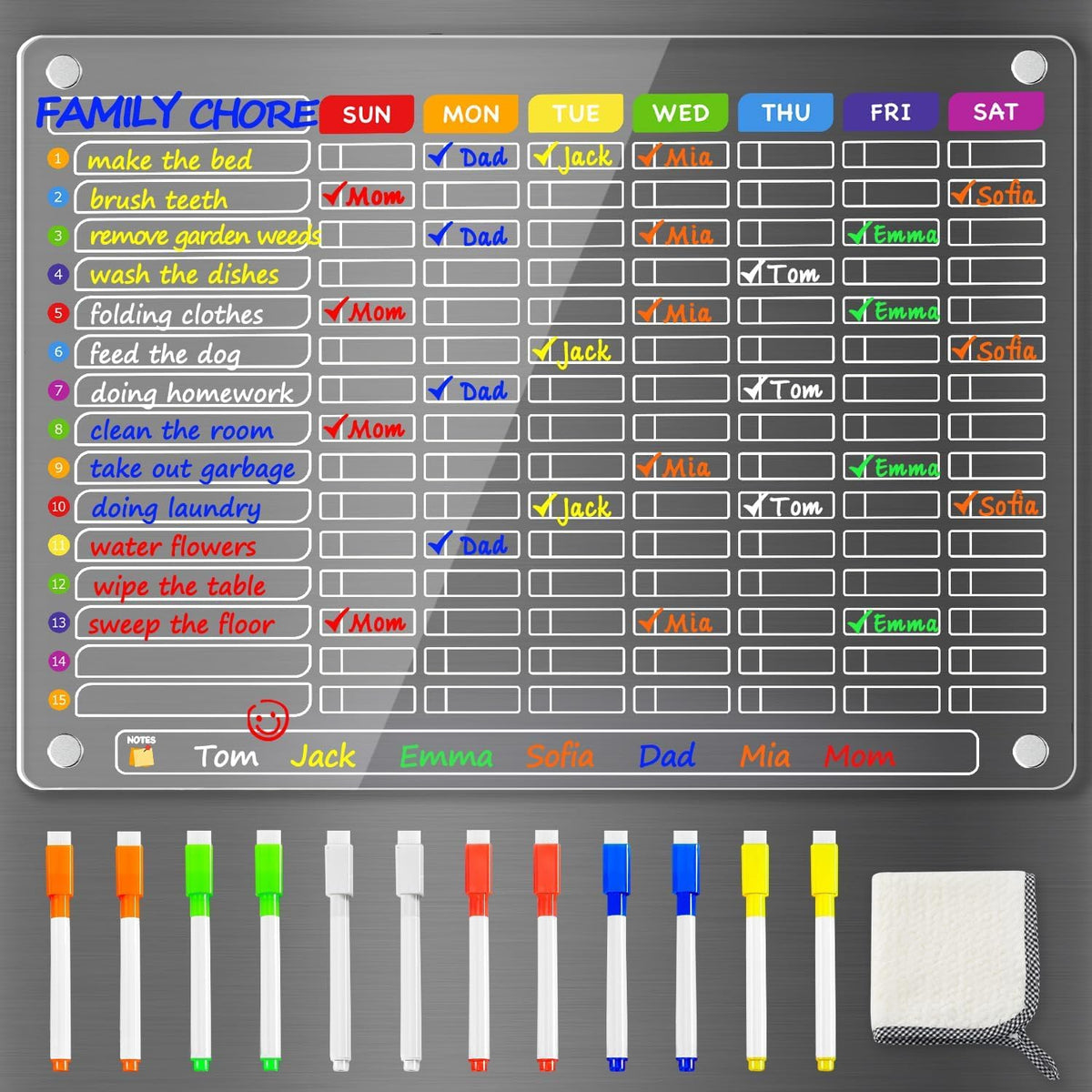 PigPotParty 2-in-1 Acrylic Magnetic Chore Chart for 2 Kids, Couples, Roommates, 15"x11" Large Dry Erase Chore Board for Fridge, Clear Weekly & Daily Reward Chart, Includes 12 Markers & Towel