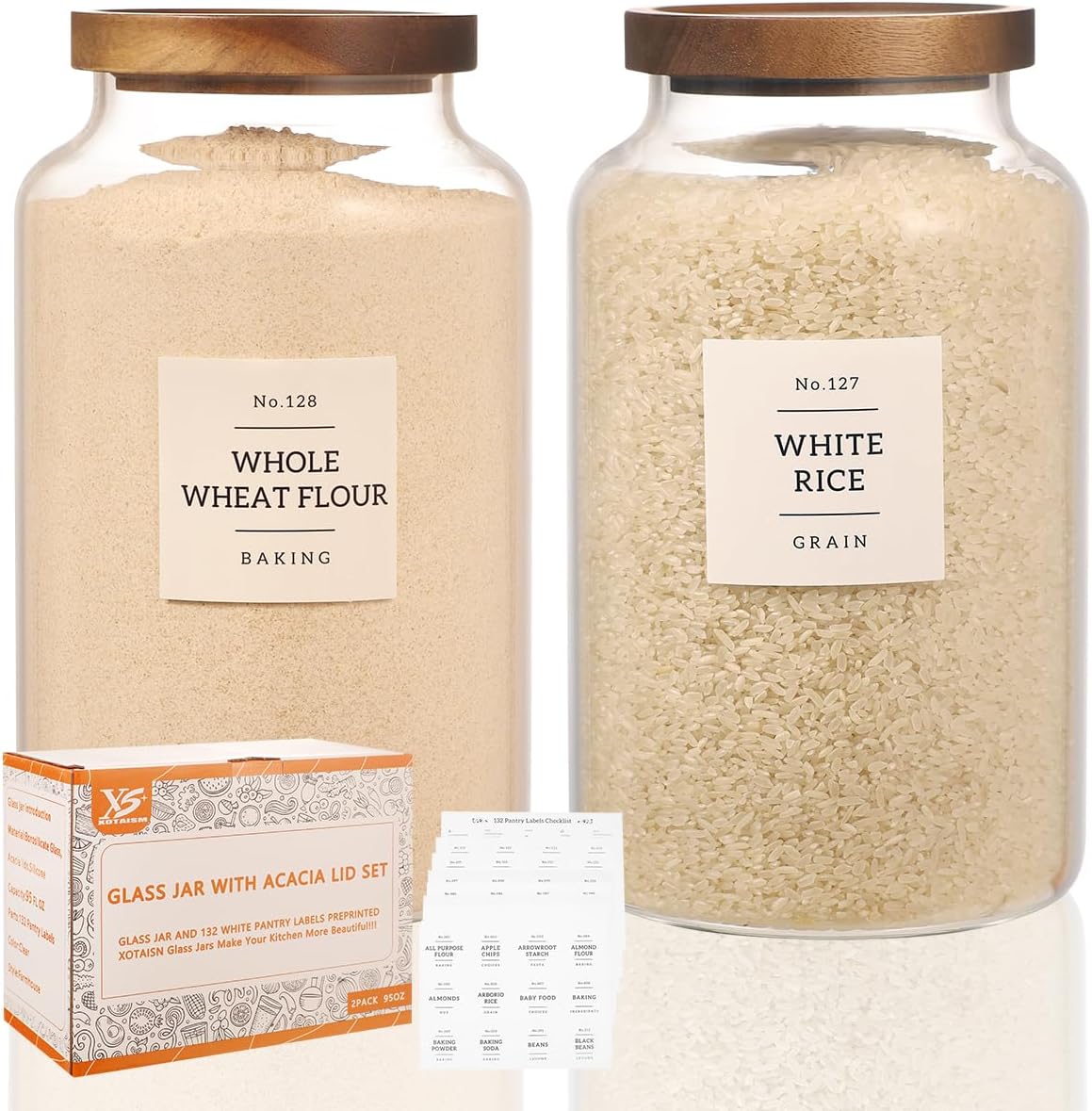 2 Pack Large Glass Flour and Sugar Storage Containers with Airtight Acacia Wood Lids and 132 Kitchen Pantey Labels Preprint - 1 Gallon Borosilicate Glass Canister Sets for Food,Pasta,Cookie,Rice
