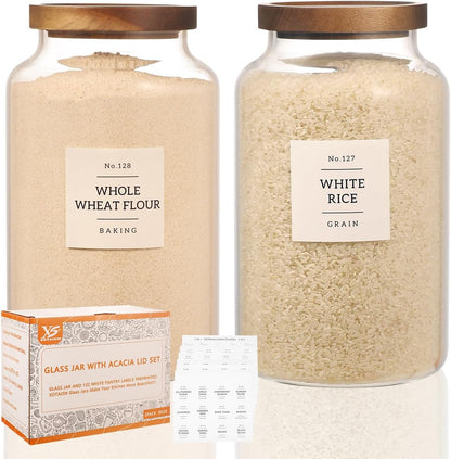 2 Pack Large Glass Flour and Sugar Storage Containers with Airtight Acacia Wood Lids and 132 Kitchen Pantey Labels Preprint - 1 Gallon Borosilicate Glass Canister Sets for Food,Pasta,Cookie,Rice