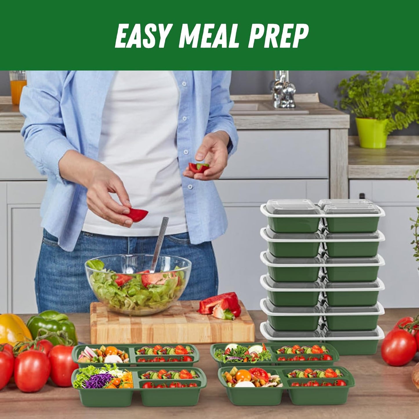 50 Pack (100-Piece) 32 oz Meal Prep Containers Reusable with Lids 3-Compartment, To Go Take Out Plastic Food Storage Containers, Sturdy Leakproof Food Safe, Microwave Freezer Dishwasher Safe, Black