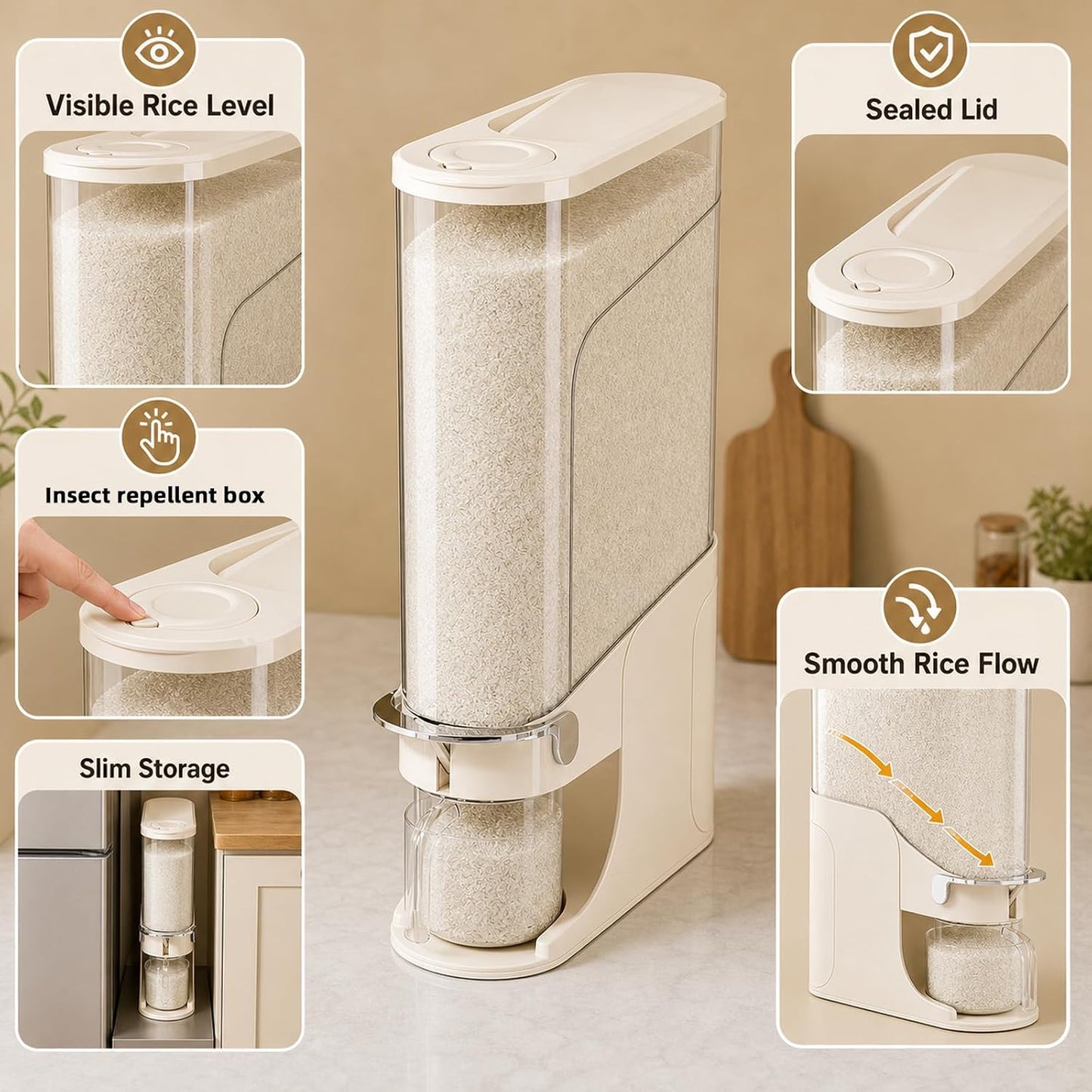 Rice Dispenser 11 Lb, Slim Rice Storage Container with Double Sealing Strip, Press to Dispense Cereal Container Airtight for Kitchen Pantry Organization, (Ivory White-11lb)