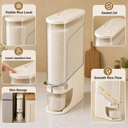 Rice Dispenser 11 Lb, Slim Rice Storage Container with Double Sealing Strip, Press to Dispense Cereal Container Airtight for Kitchen Pantry Organization, (Ivory White-11lb)