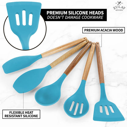 Zulay Kitchen Utensils Set Non-Stick Silicone Cooking Utensils Set with Authentic Acacia Wood Handles - 5 Piece Silicone Utensil Set - Kitchen Utensils Set with 464°F Heat Resistance - Gray