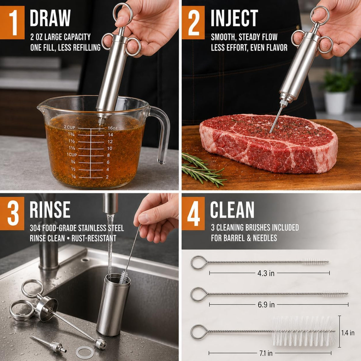 Turkey Injector Kit with 2 oz 304 Stainless Steel Meat Injector Syringe, 15-Piece Set, 3 Needles, Meat Claws, Basting Brush, Cleaning Brushes, Spare Seals and Case for BBQ, Brisket and Poultry (015)