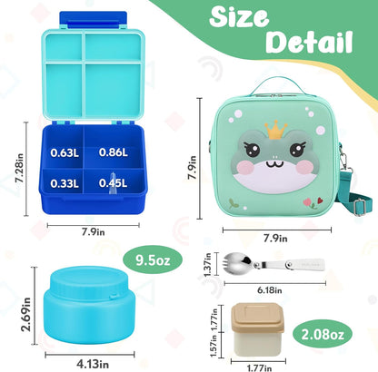 Kids Bento Lunch Box with Thermo, Include 9oz Soup Thermo, Kids Leakproof Lunch Box with 4 Compartment, Insulated Lunch Bag for Girls Boys to School Travel