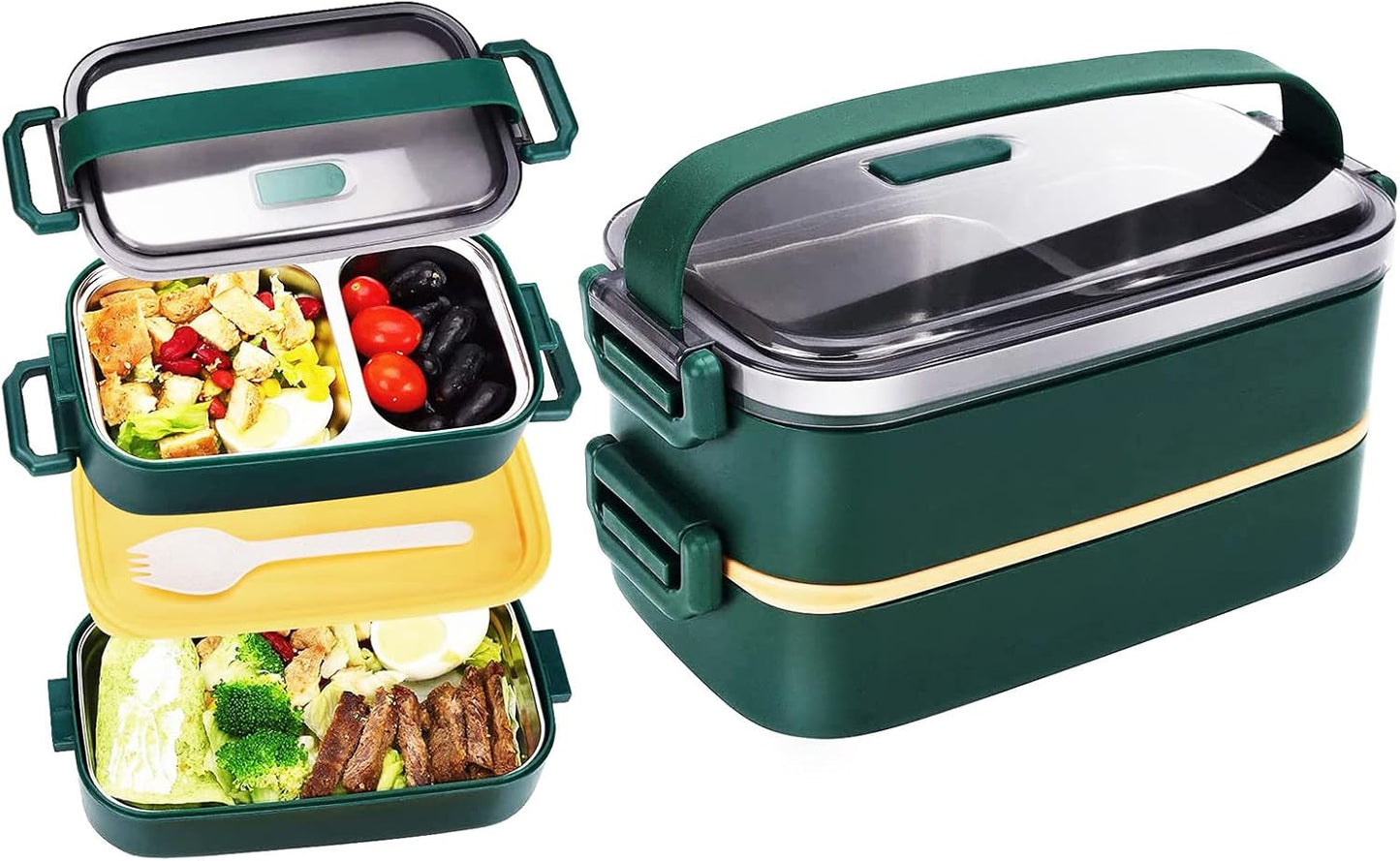 Stainless Steel Bento Box for Adults&Kids,Japanese Leakproof Lunch Box Divided Food Meal Storage Containers Set Stackable 2 Layer for Children School Picnic Beige