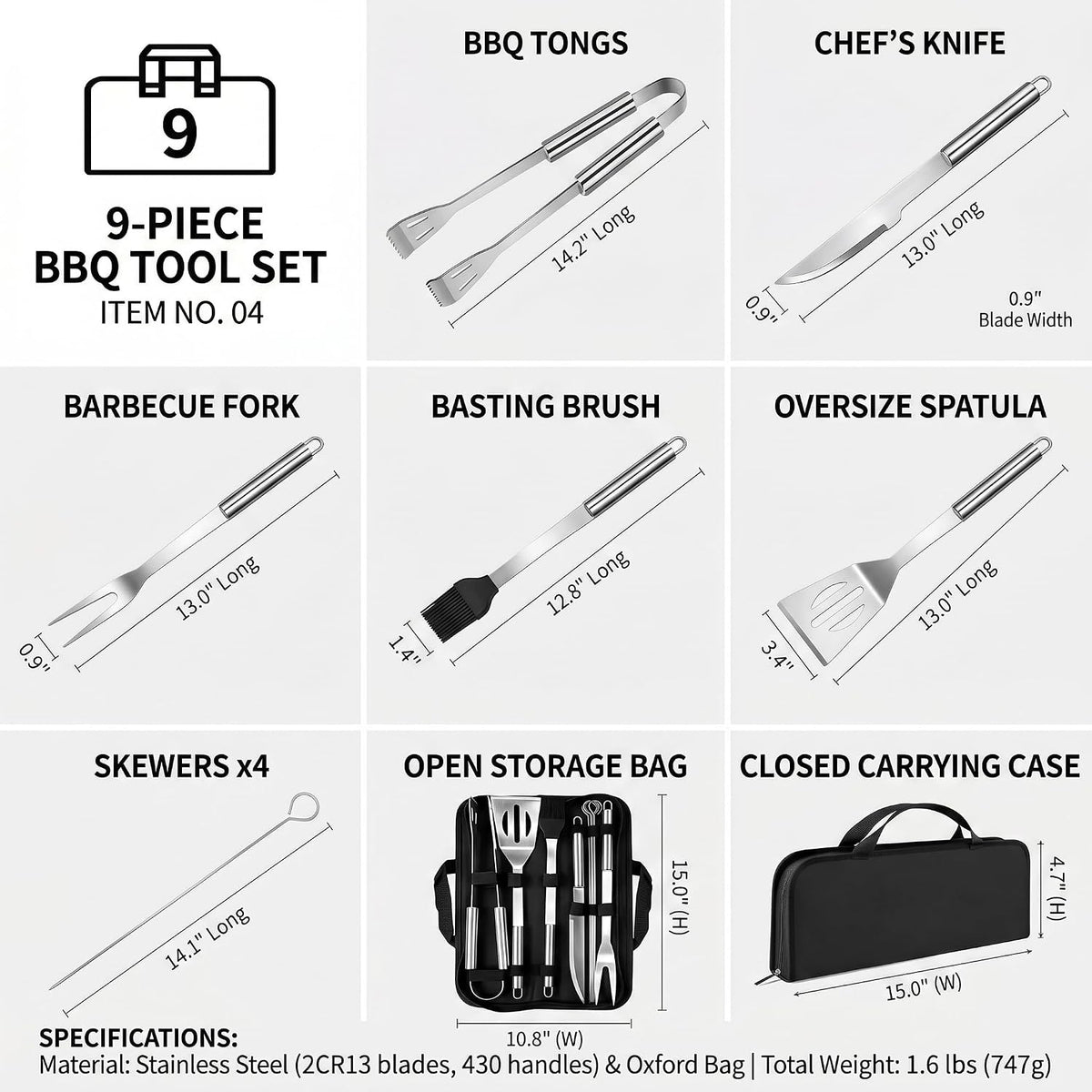 9-Piece Stainless Steel BBQ Tool Set with Carry Bag, Grill Utensils Kit with Spatula, Fork, Tongs, Knife, Skewers, Oil Brush for Outdoor Grill, Camping, Tailgating, Cookouts, BBQ Gifts