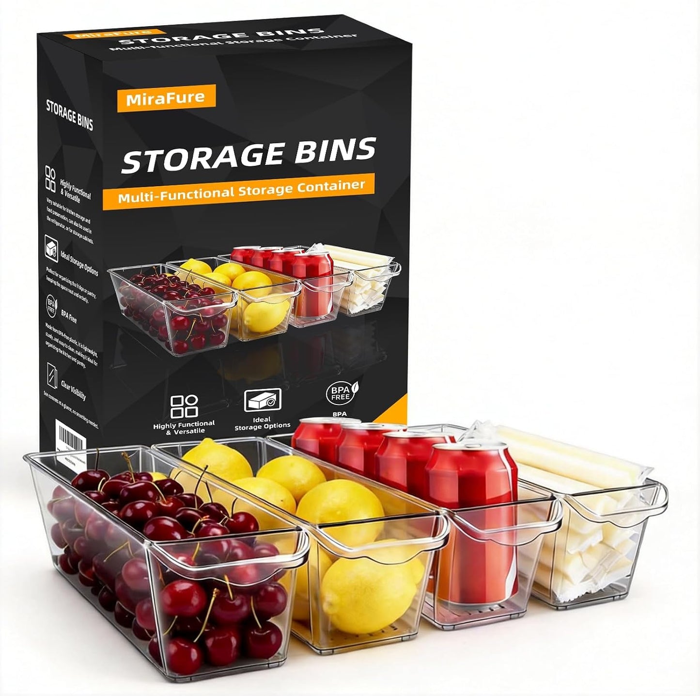 4 Pack Slim Fridge Organizer Bins, BPA Free Clear Refrigerator Storage Containers, Clear Pantry Organization & Cabinet Bins with Handles, Narrow Freezer Bin for Kitchen, Mini Fridge