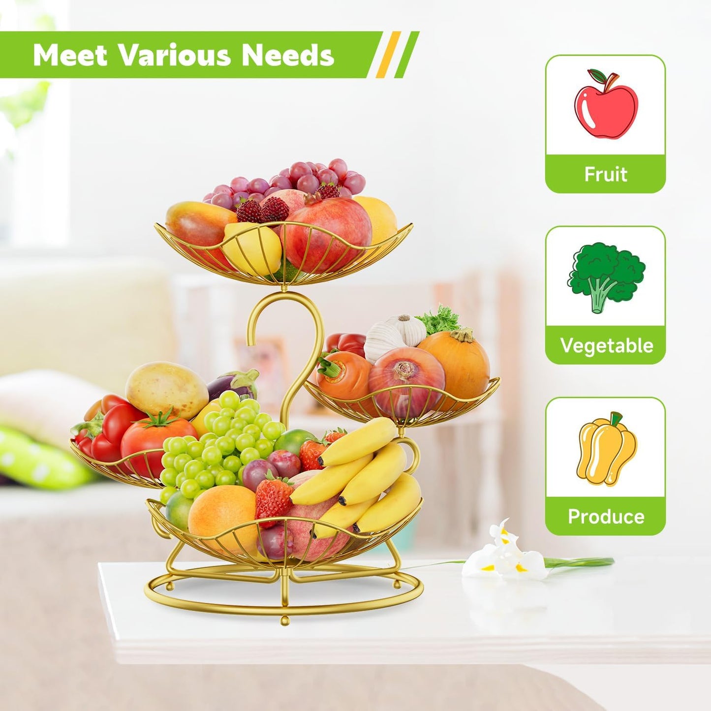 PouHenier.jh 3 Tier Rotating Fruit Basket Bowl, Kitchen Counter Wire Produce Organizer Holder, Stable Vegetable Storage Stand with 2 Banana Hangers, Countertop Tiered Veggie Rack, Easy Setup, Black