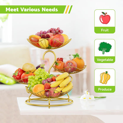 PouHenier.jh 3 Tier Rotating Fruit Basket Bowl, Kitchen Counter Wire Produce Organizer Holder, Stable Vegetable Storage Stand with 2 Banana Hangers, Countertop Tiered Veggie Rack, Easy Setup, Black